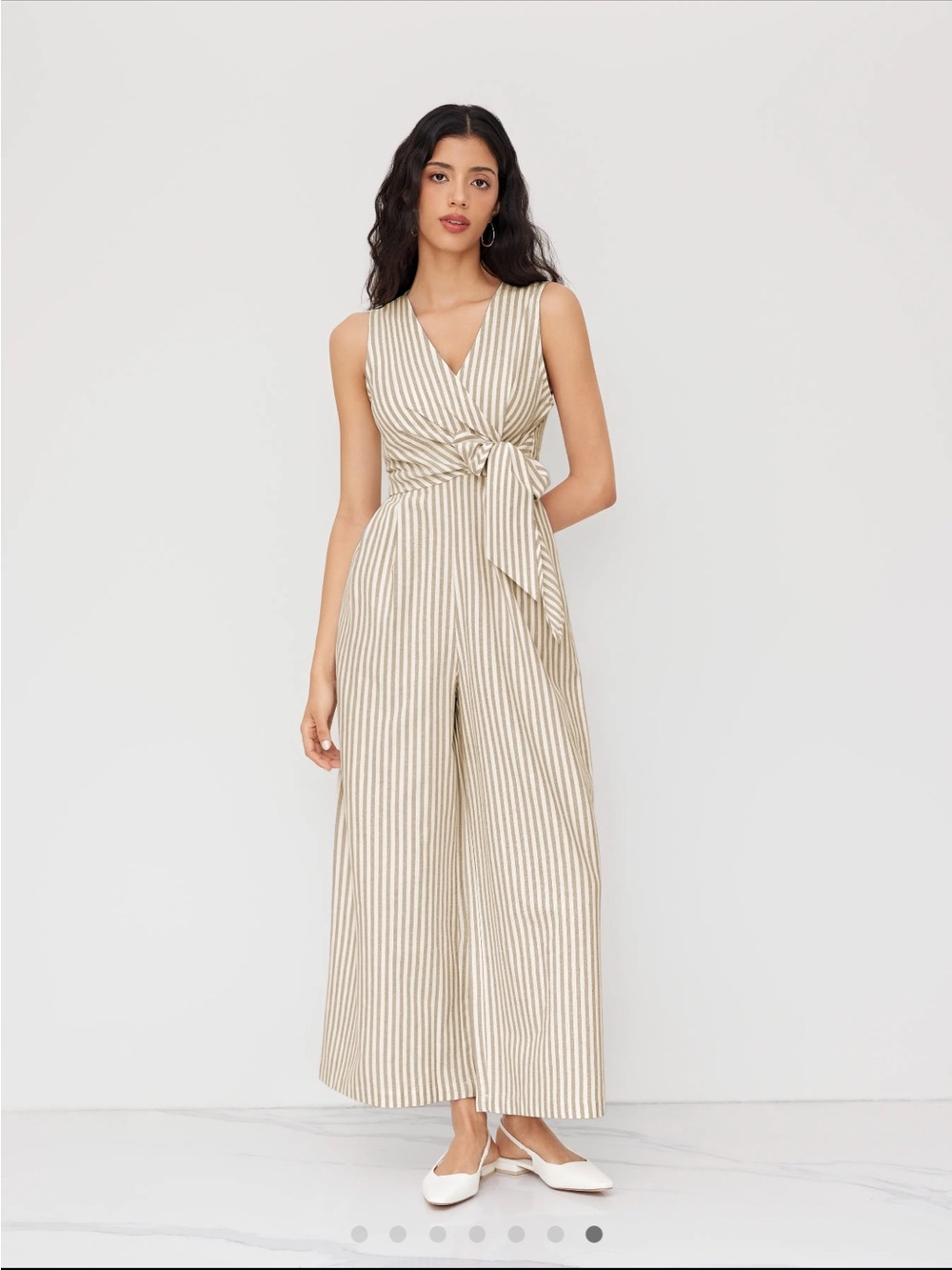 Cider Beige and White V-Neck Striped Knotted Jumpsuit